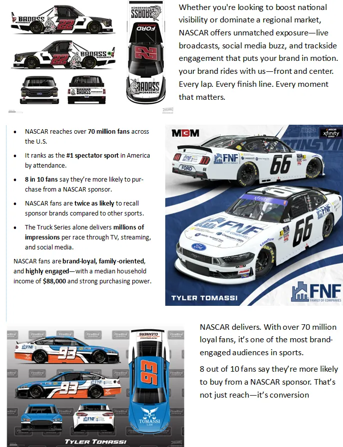NASCAR sponsorship marketing opportunities and Tyler Tomassi Racing partner vehicle graphics